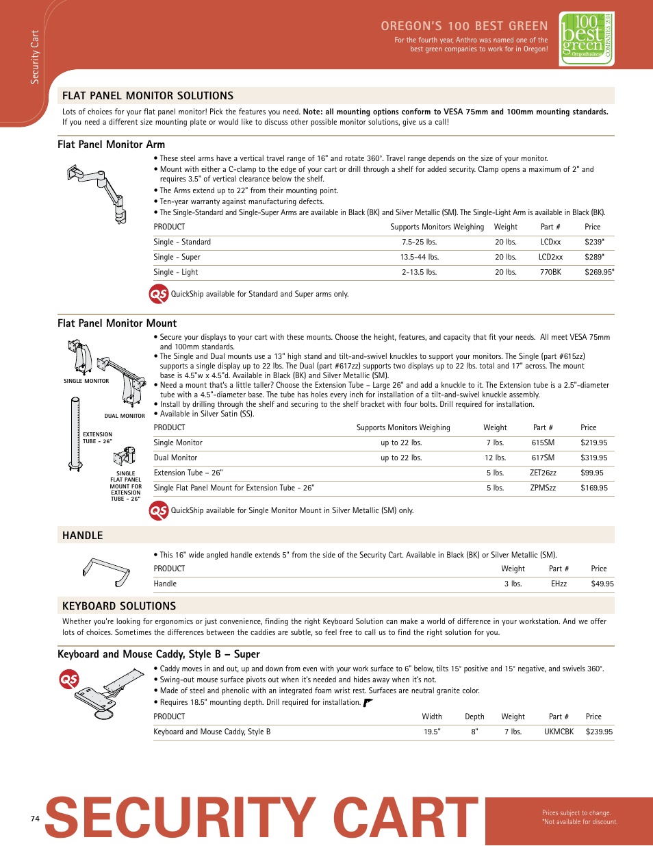 Security cart, Oregon’s 100 best green, Flat panel monitor solutions | Flat panel monitor arm, Flat panel monitor mount, Handle, Keyboard solutions, Keyboard and mouse caddy, style b – super | Anthro Security Cart Spec Guide User Manual | Page 2 / 3