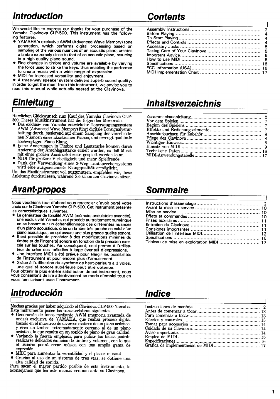 Introduction contents, Einleitung inhaltsverzeichnis, Avant-propos sommaire | Introducción indice | Yamaha CLP-500 User Manual | Page 3 / 11
