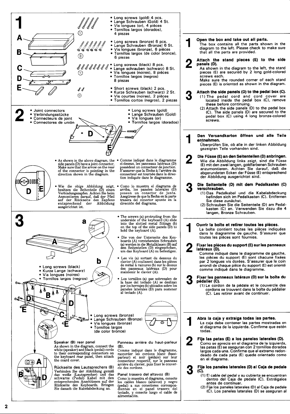 Open the box and take out all parts, Den versandkarton öffnen und alle teile entnehmen, Ouvrir la boîte et retirer toutes les pièces | Abra la caja y extraiga todas las partes | Yamaha CLP-500 User Manual | Page 4 / 11