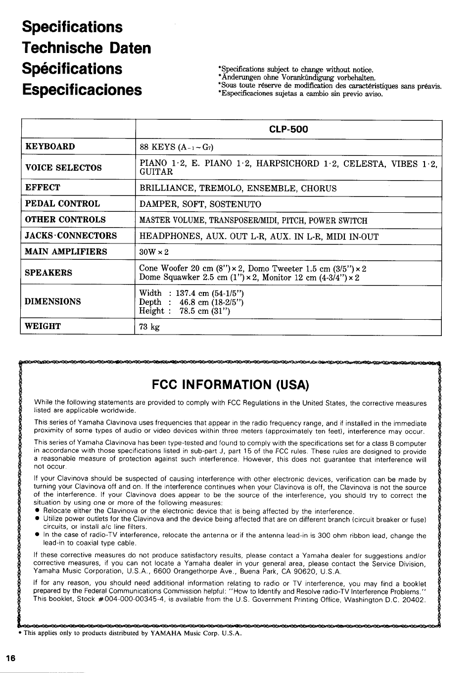 Fcc information (usa) | Yamaha CLP-500 User Manual | Page 9 / 11