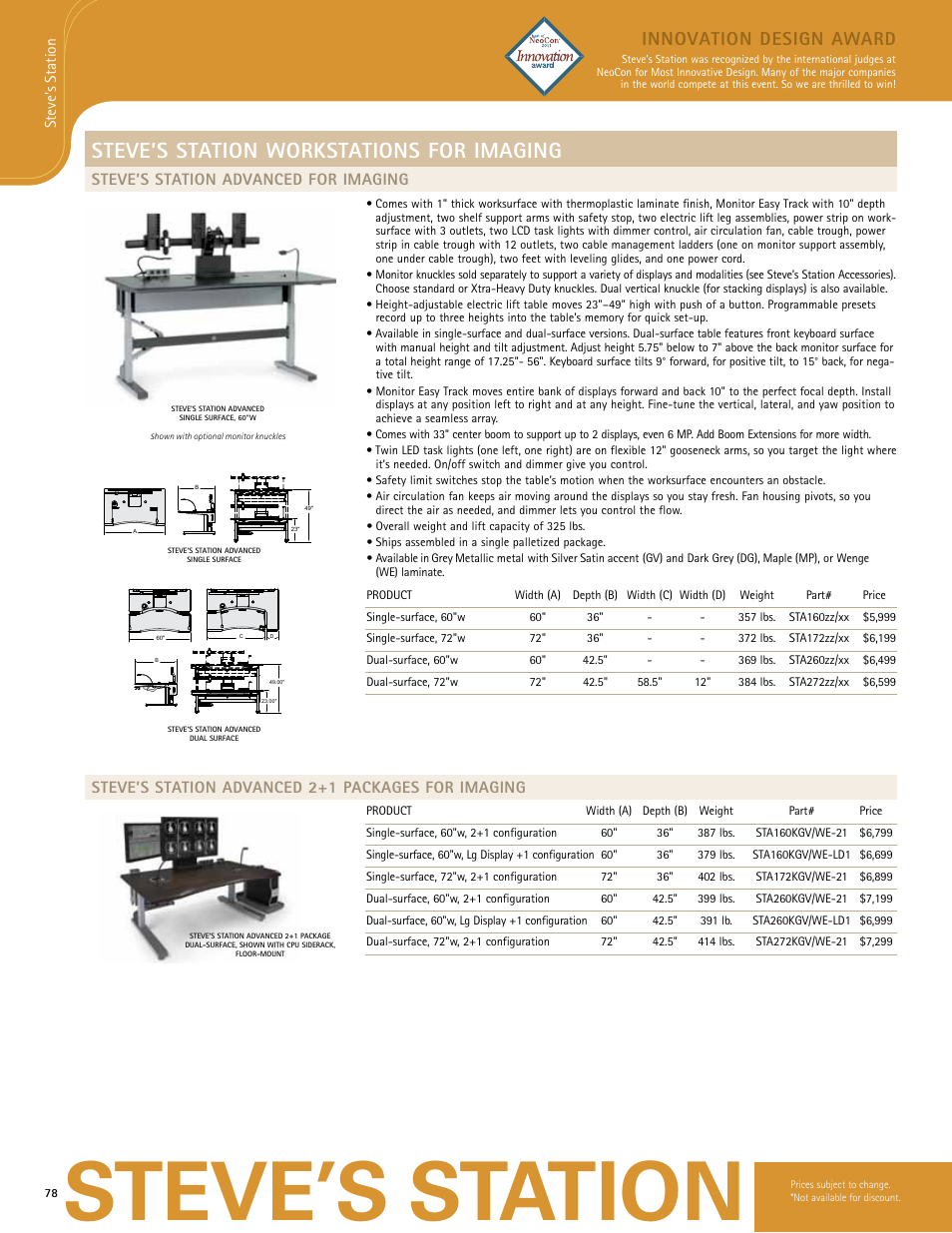 Steve’s station, Steve’s station workstations for imaging, Innovation design award | Steve’s station advanced for imaging, Steve’s station advanced 2+1 packages for imaging | Anthro Steve’s Station Office Spec Guide User Manual | Page 2 / 8