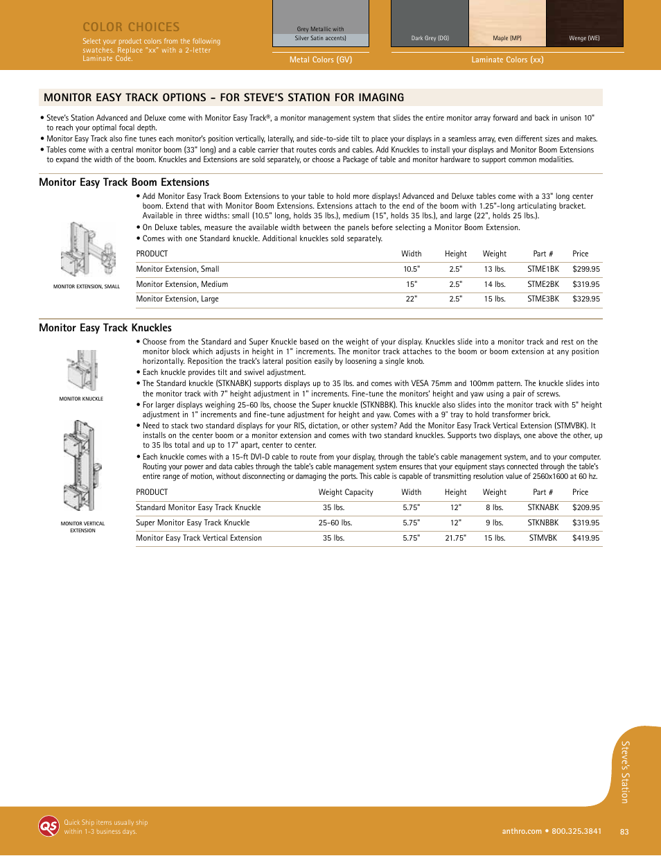 Color choices, Monitor easy track boom extensions, Monitor easy track knuckles | Anthro Steve’s Station Office Spec Guide User Manual | Page 7 / 8