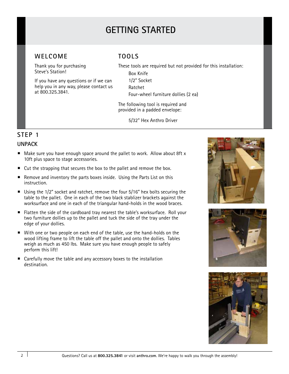 Getting started, Welcome, Step 1 | Tools | Anthro Steve’s Station Office Assembly Instructions User Manual | Page 2 / 4