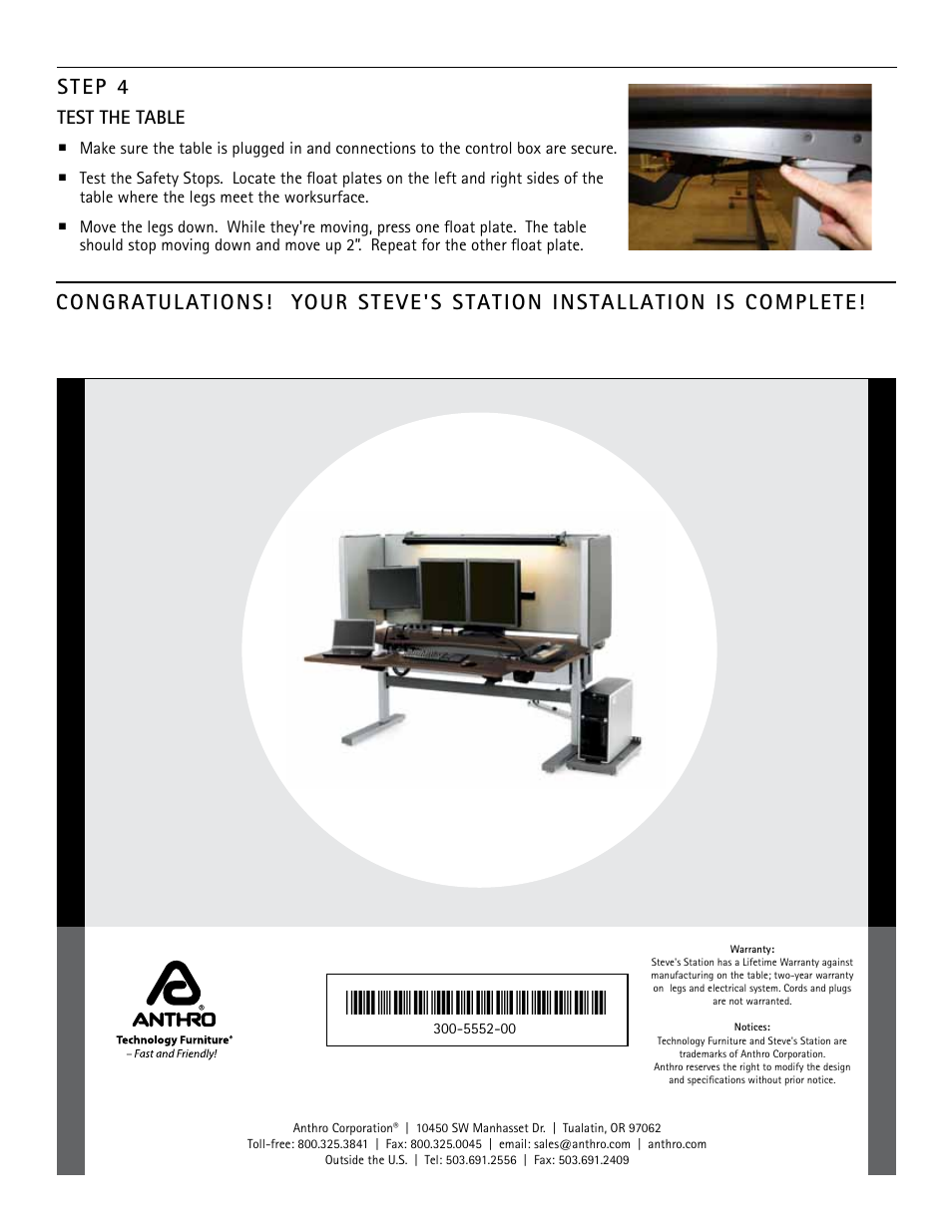 Step 4, Test the table | Anthro Steve’s Station Office Assembly Instructions User Manual | Page 4 / 4