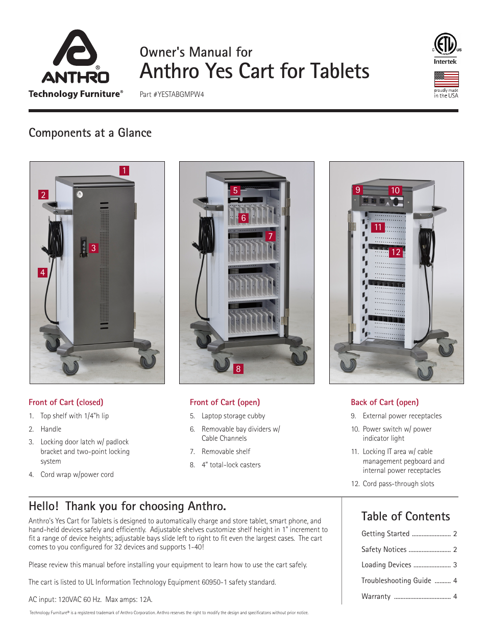 Anthro YES Cart for Tablets Assembly Instructions User Manual | 4 pages