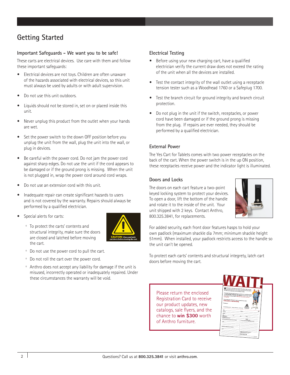 Getting started, Important safeguards - we want you to be safe, Electrical testing | External power, Doors and locks | Anthro YES Cart for Tablets Assembly Instructions User Manual | Page 2 / 4