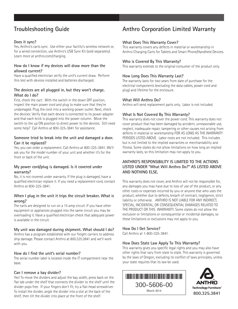 Troubleshooting guide, Anthro corporation limited warranty | Anthro YES Cart for Tablets Assembly Instructions User Manual | Page 4 / 4