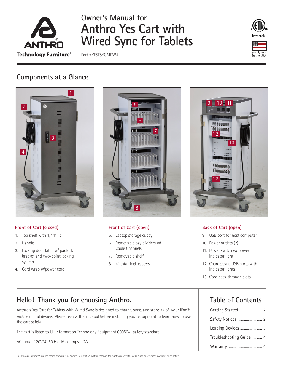 Anthro YES Cart for Tablets with Wired Sync Assembly Instructions User Manual | 8 pages