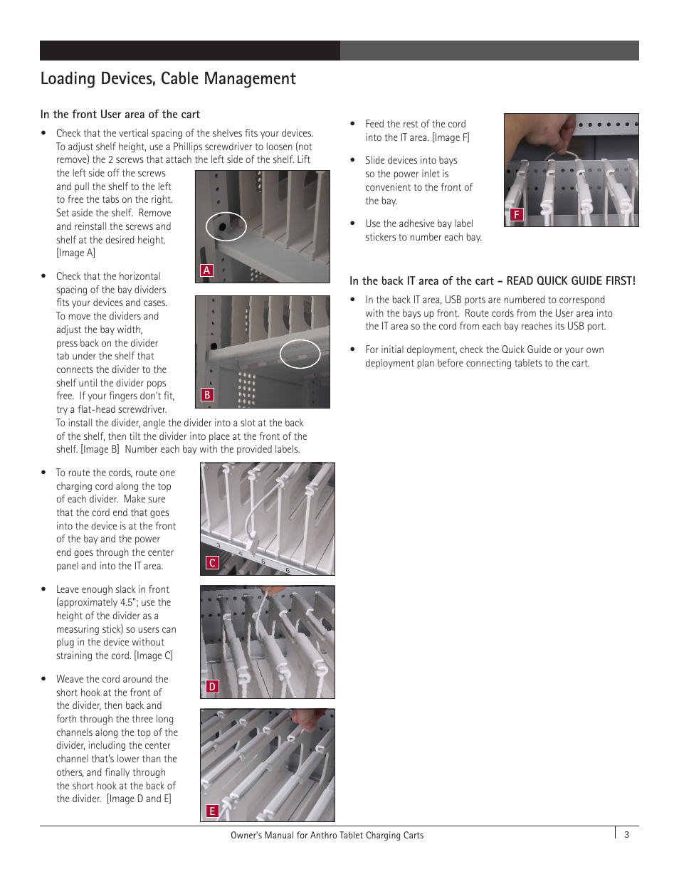 Loading devices, cable management | Anthro YES Cart for Tablets with Wired Sync Assembly Instructions User Manual | Page 3 / 8