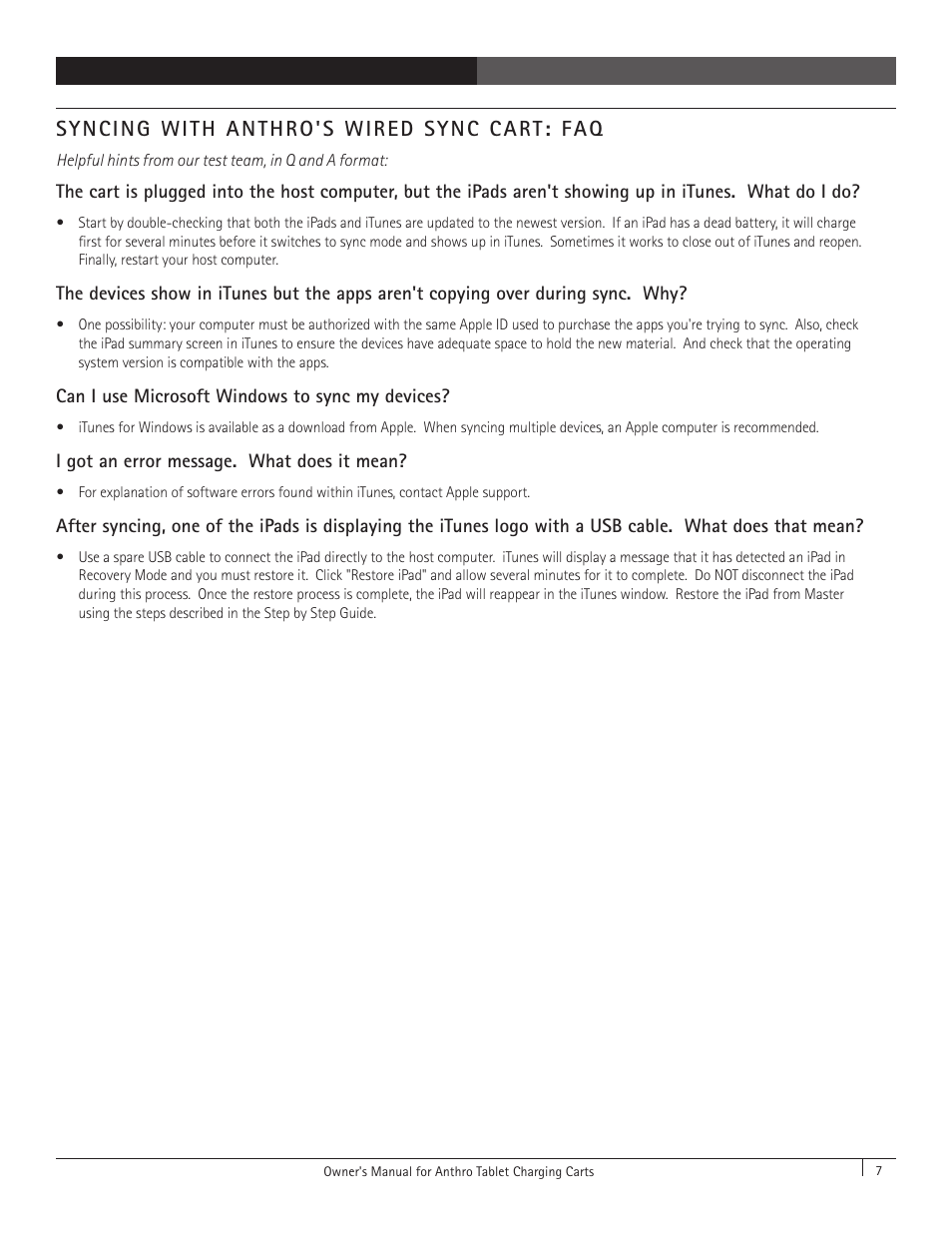 Syncing with anthro's wired sync cart: faq | Anthro YES Cart for Tablets with Wired Sync Assembly Instructions User Manual | Page 7 / 8