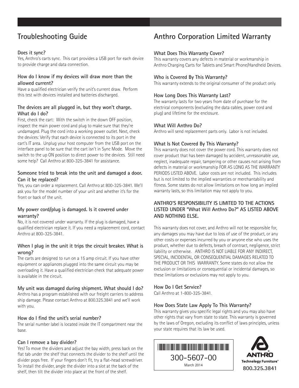 Troubleshooting guide, Anthro corporation limited warranty | Anthro YES Cart for Tablets with Wired Sync Assembly Instructions User Manual | Page 8 / 8