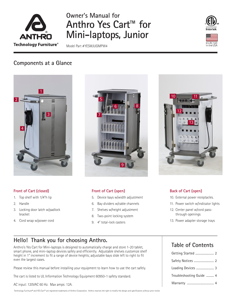 Anthro YES Carts for Mini-Laptops Junior Assembly Instructions User Manual | 4 pages