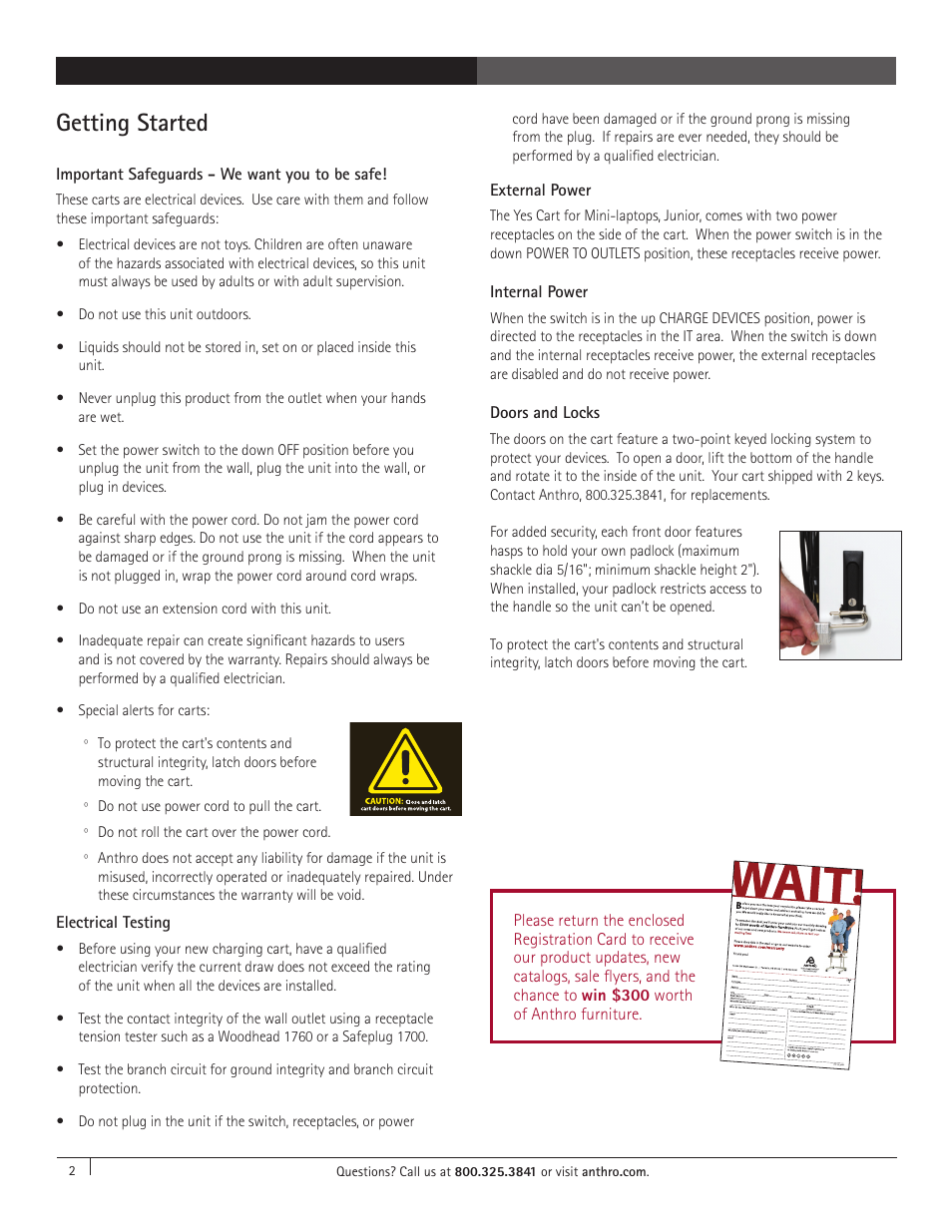 Getting started, Important safeguards - we want you to be safe, Electrical testing | External power, Internal power, Doors and locks | Anthro YES Carts for Mini-Laptops Junior Assembly Instructions User Manual | Page 2 / 4