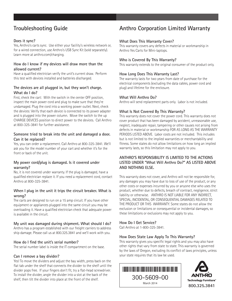 Troubleshooting guide, Anthro corporation limited warranty | Anthro YES Carts for Mini-Laptops Junior Assembly Instructions User Manual | Page 4 / 4