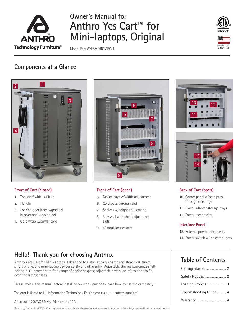 Anthro YES Cart for Mini-Laptops Assembly Instructions User Manual | 4 pages