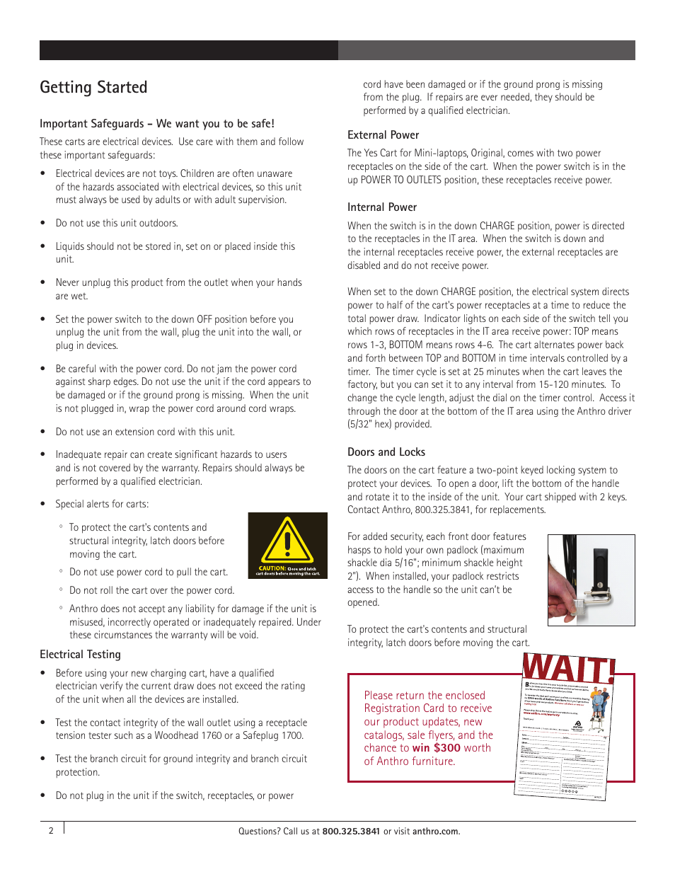 Getting started, Important safeguards - we want you to be safe, Electrical testing | External power, Internal power, Doors and locks | Anthro YES Cart for Mini-Laptops Assembly Instructions User Manual | Page 2 / 4
