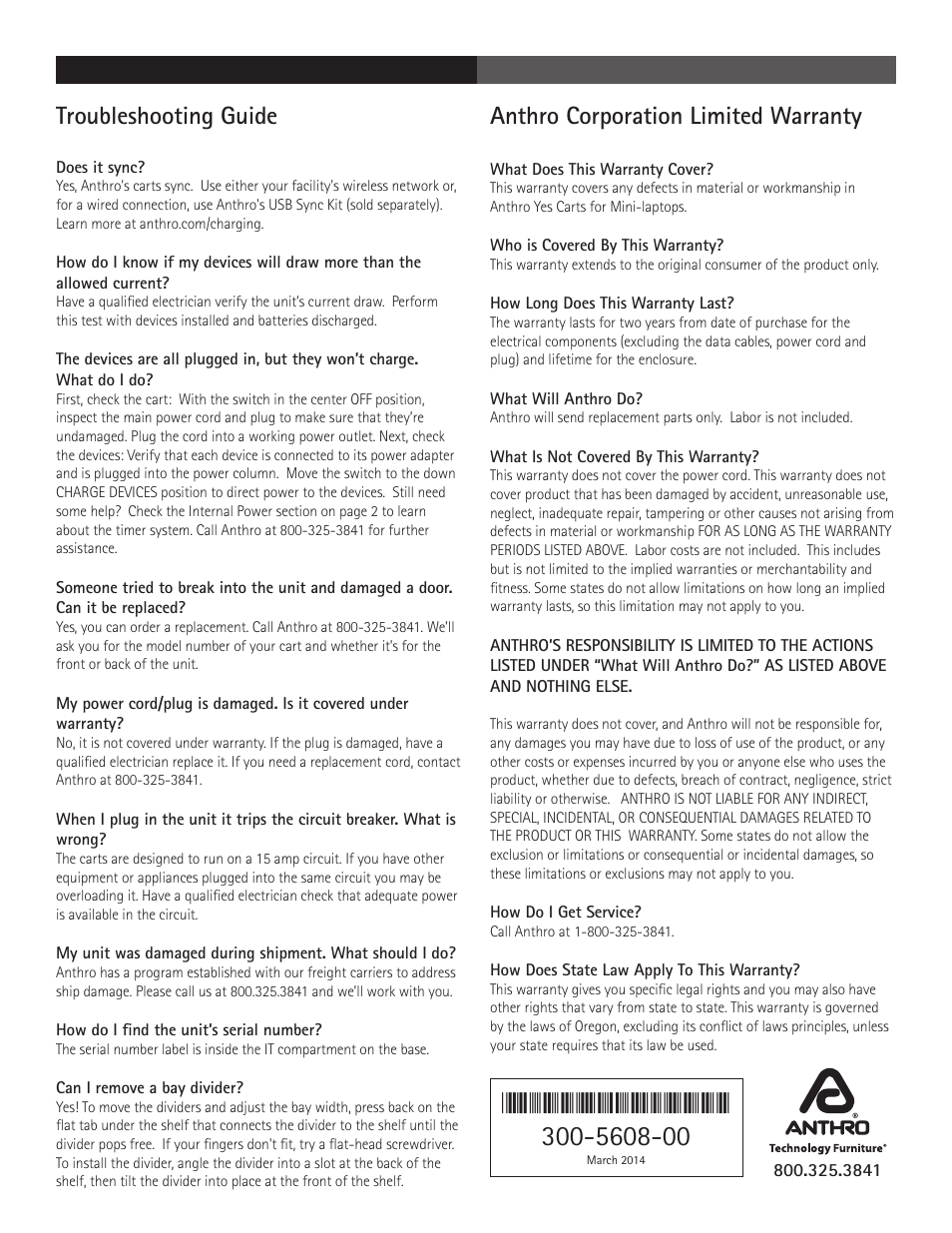 Troubleshooting guide, Anthro corporation limited warranty | Anthro YES Cart for Mini-Laptops Assembly Instructions User Manual | Page 4 / 4
