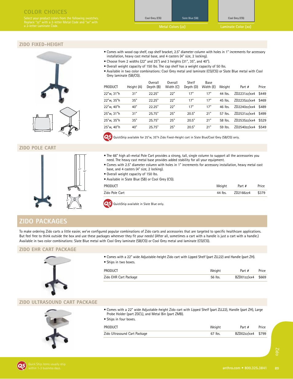 Zido packages, Color choices, Zido fixed-height | Zido pole cart, Zido ehr cart package, Zido ultrasound cart package | Anthro Zido Spec Guide User Manual | Page 2 / 8
