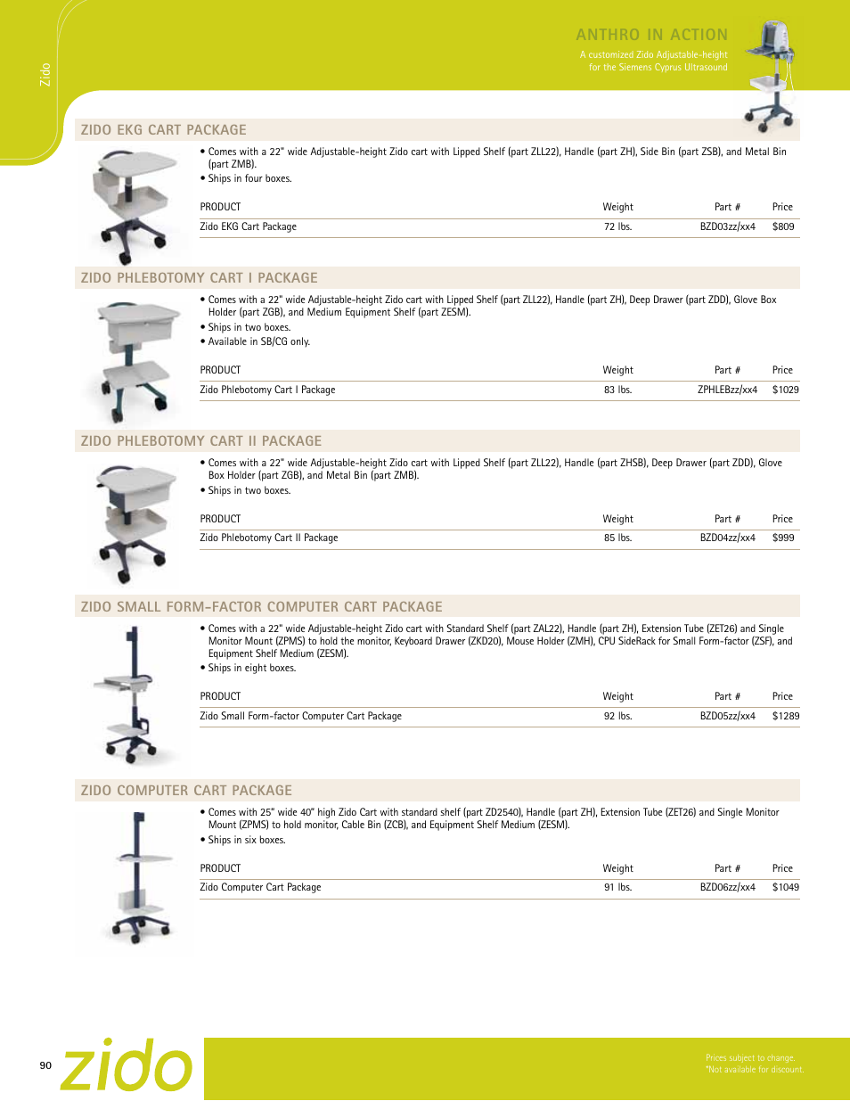 Anthro in action, Zido ekg cart package, Zido phlebotomy cart i package | Zido phlebotomy cart ii package, Zido small form-factor computer cart package, Zido computer cart package | Anthro Zido Spec Guide User Manual | Page 3 / 8