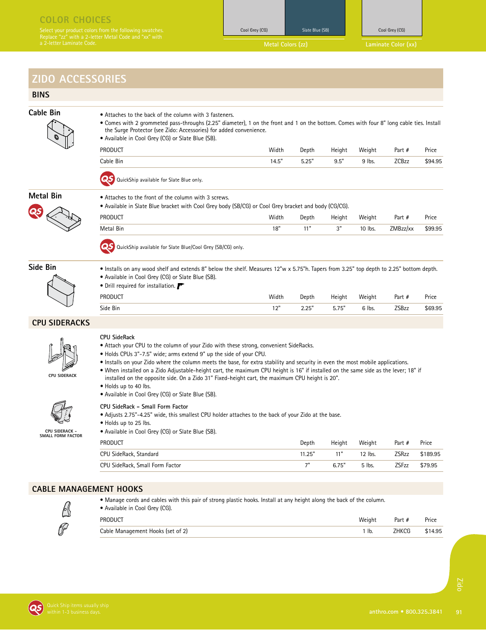Zido accessories, Color choices, Bins cable bin | Metal bin, Side bin, Cpu sideracks, Cable management hooks | Anthro Zido Spec Guide User Manual | Page 4 / 8