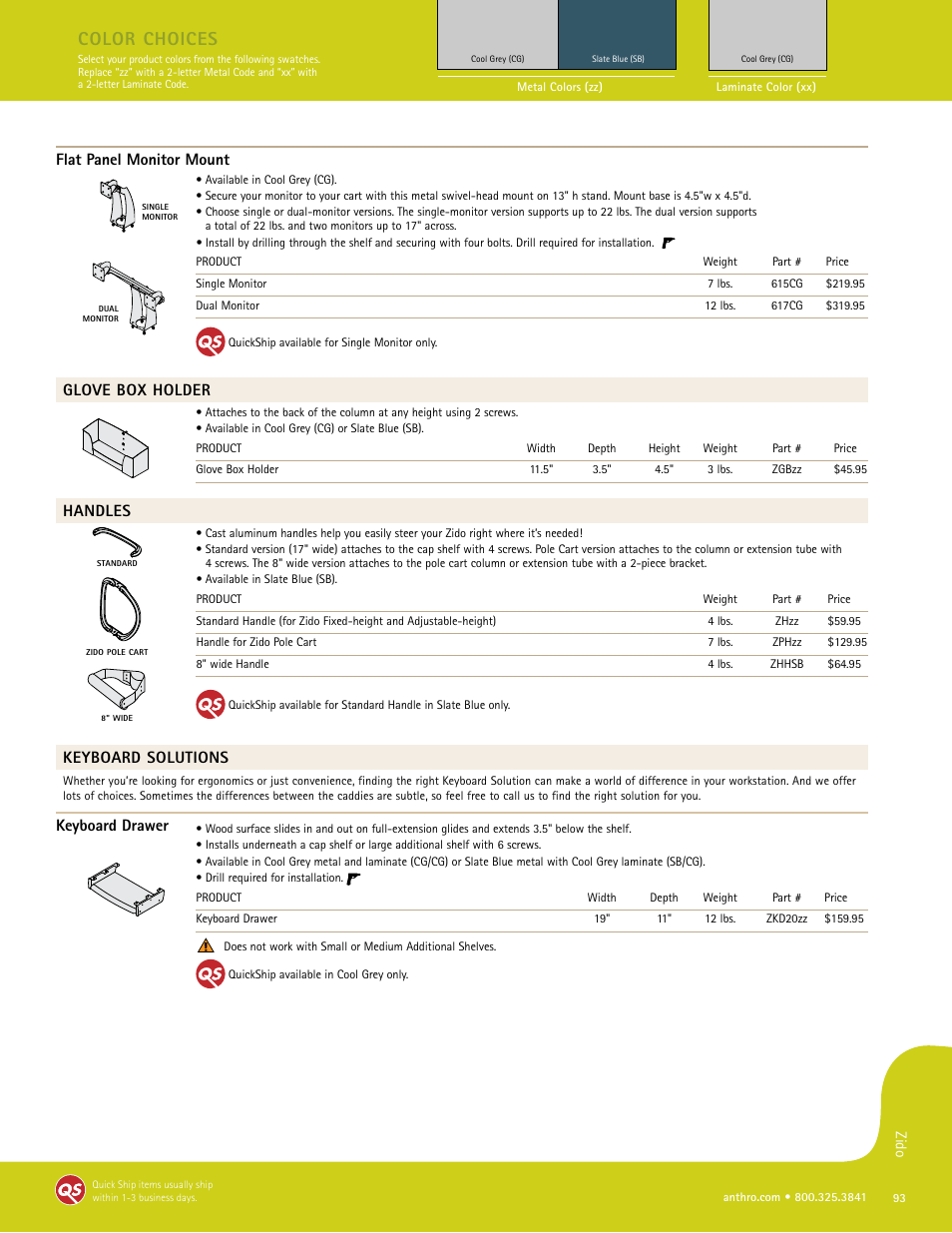 Color choices, Flat panel monitor mount, Glove box holder | Handles, Keyboard solutions, Keyboard drawer | Anthro Zido Spec Guide User Manual | Page 6 / 8
