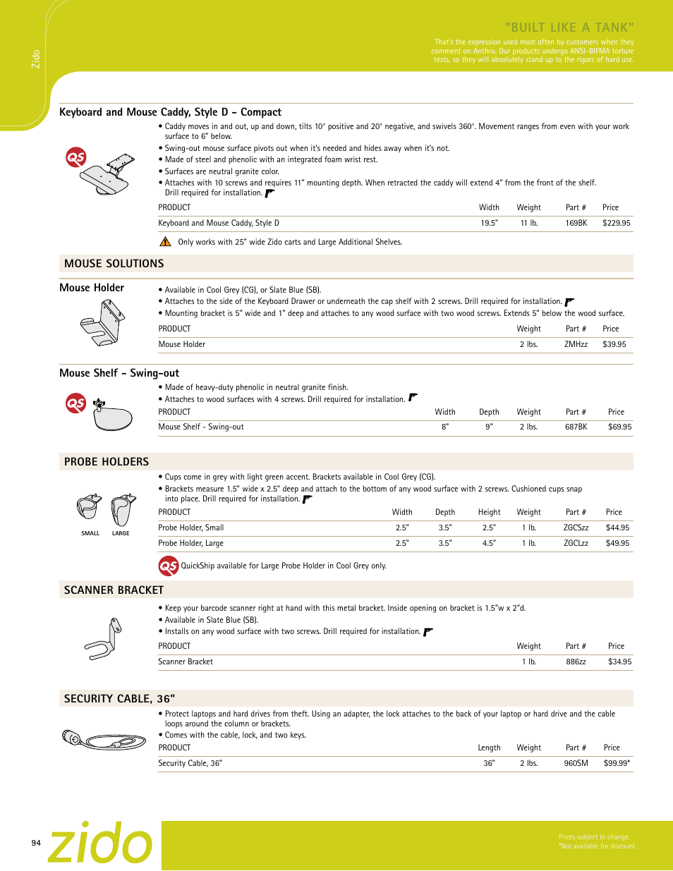 Built like a tank, Keyboard and mouse caddy, style d - compact, Mouse solutions mouse holder | Mouse shelf - swing-out, Probe holders, Scanner bracket, Security cable, 36 | Anthro Zido Spec Guide User Manual | Page 7 / 8