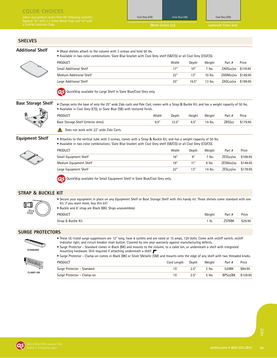 Color choices, Shelves additional shelf, Base storage shelf | Equipment shelf, Strap & buckle kit, Surge protectors | Anthro Zido Spec Guide User Manual | Page 8 / 8