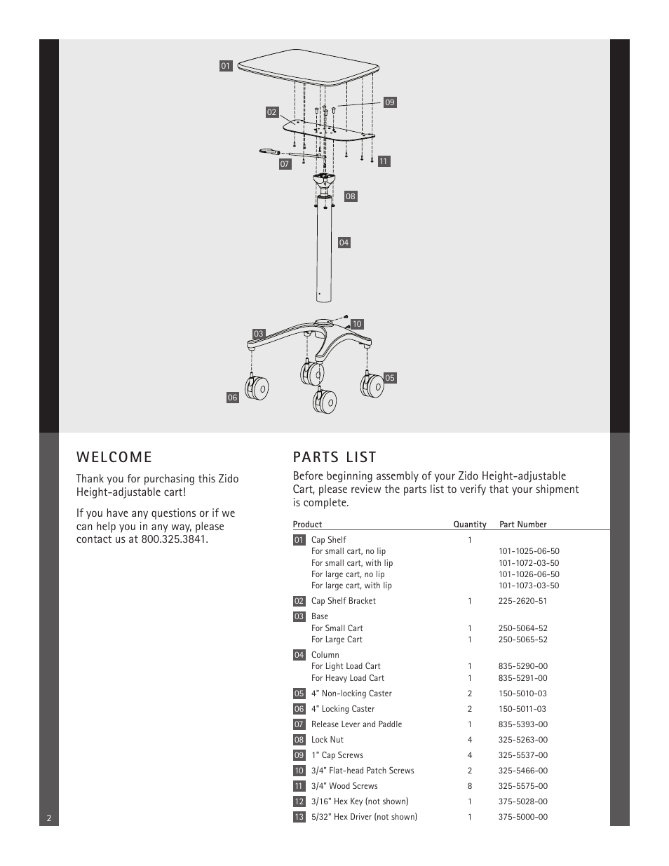 Welcome, Parts list | Anthro Zido Adjustable-Height Cart Assembly Instructions User Manual | Page 2 / 4