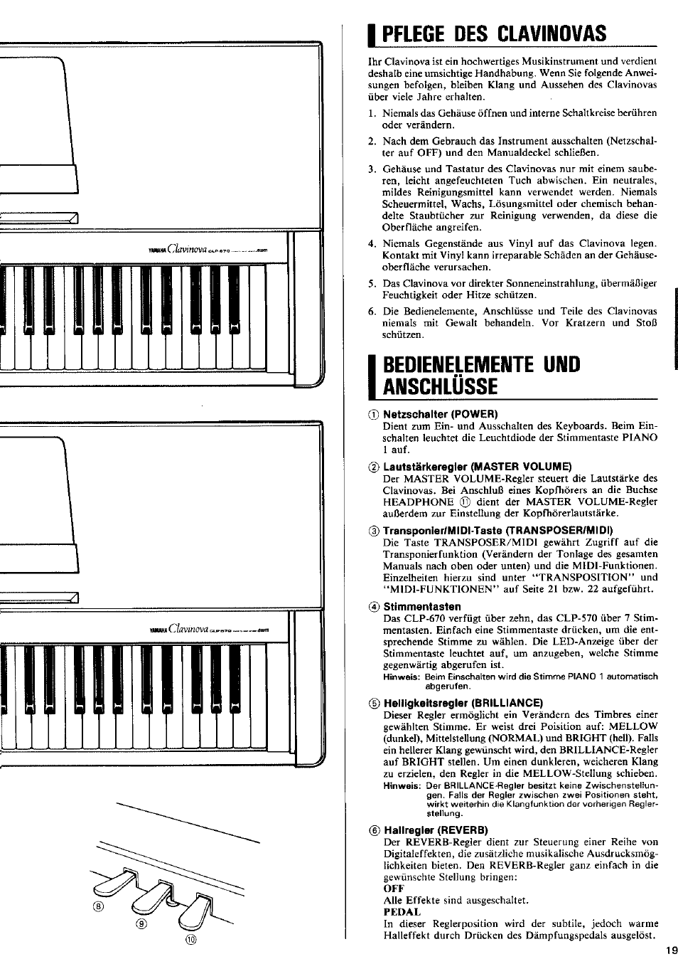 I pflege des clavinovas, Bedienelemente und anschlüsse, Pflege des clavinovas | Yamaha CLP-570 User Manual | Page 13 / 24