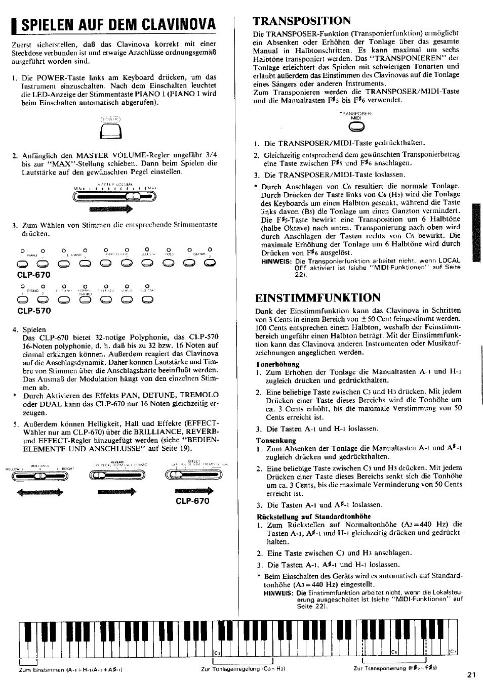 I spielem auf dem clavimova, Clp-670, Clp-570 | Transposition, Einstimmfunktion, Spielem auf dem clavimova | Yamaha CLP-570 User Manual | Page 15 / 24