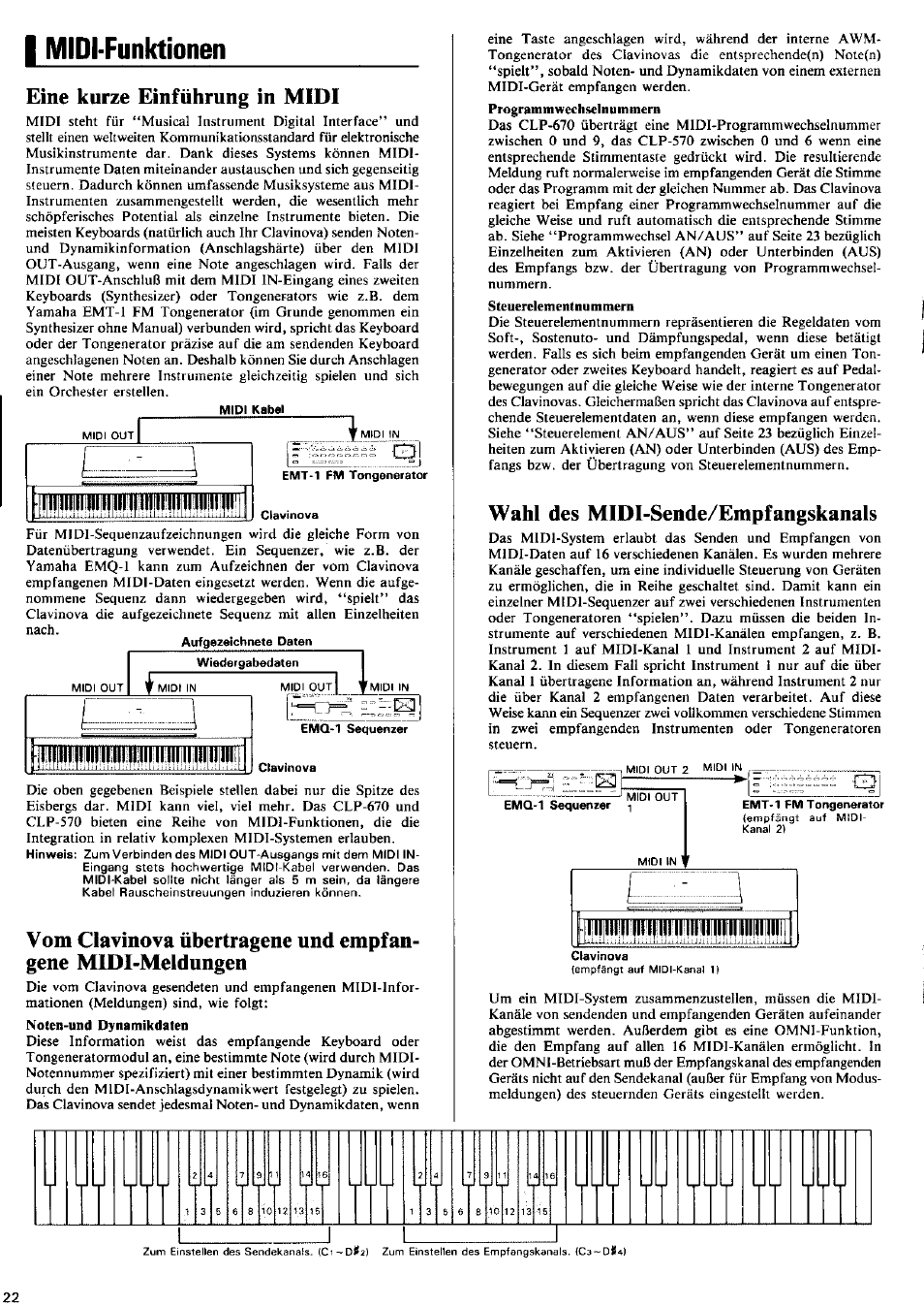 Eine kurze einführung in midi, Wahl des midl-sende/empfangskanals, Midi-funktionen | Yamaha CLP-570 User Manual | Page 16 / 24