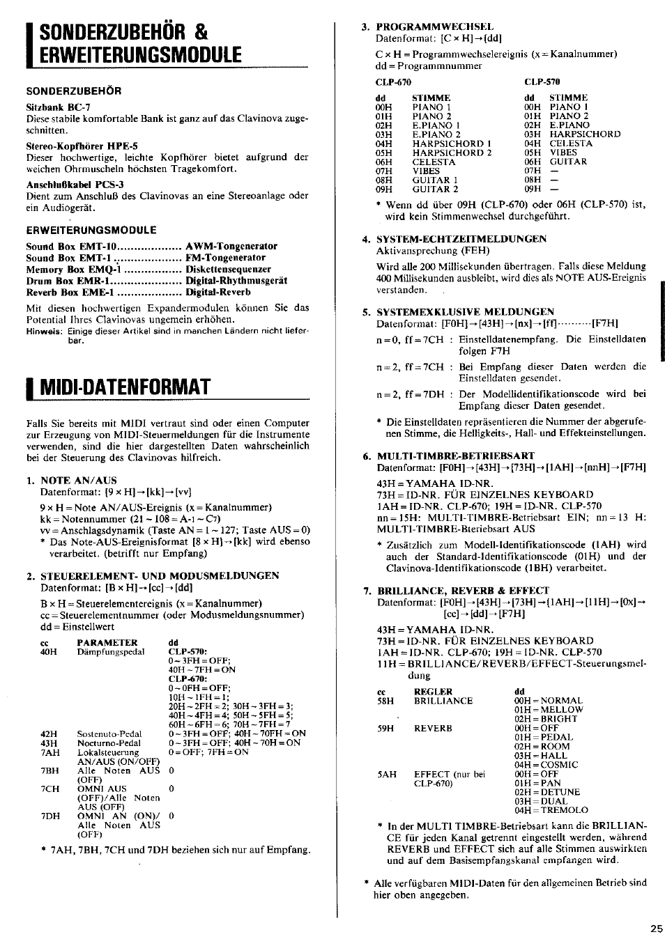 Sonderzubehör & erweiterungsmodule, Sonderzubehör, Erweiterungsmodule | I midi datenformat, Midi datenformat | Yamaha CLP-570 User Manual | Page 19 / 24