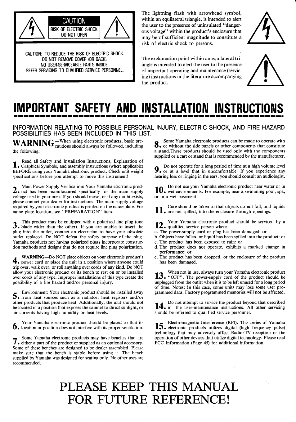 Important safety and installation instructions, Please keep this manual for future reference, Caution | Yamaha CLP-570 User Manual | Page 2 / 24