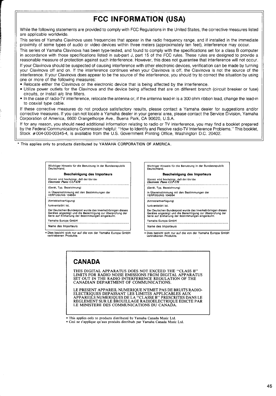 Canada, Fcc information (usa) | Yamaha CLP-570 User Manual | Page 23 / 24