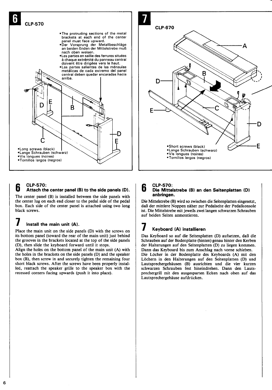 Clp-570, Attach the center panel (b) to the side panels (d), Install the main unit (a) | Keyboard (a) installieren | Yamaha CLP-570 User Manual | Page 8 / 24