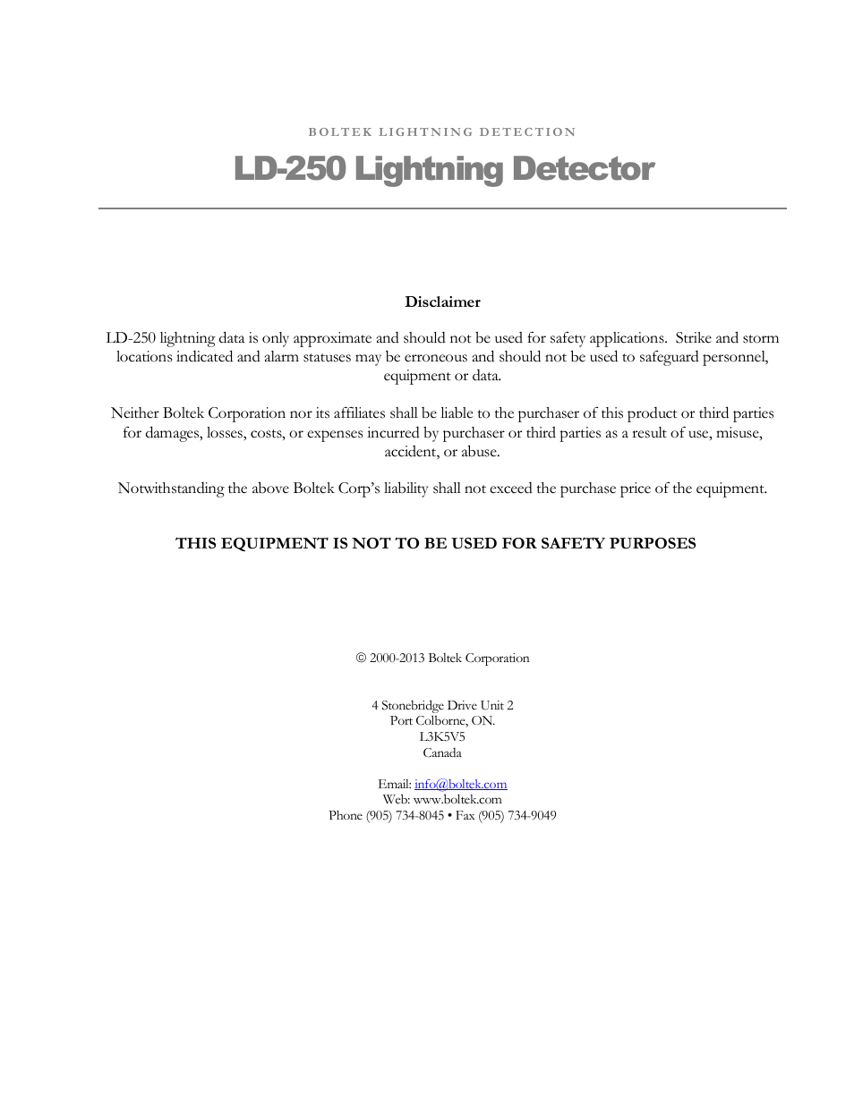 Ld-250 lightning detector | Boltek LD-250 User Manual | Page 2 / 27