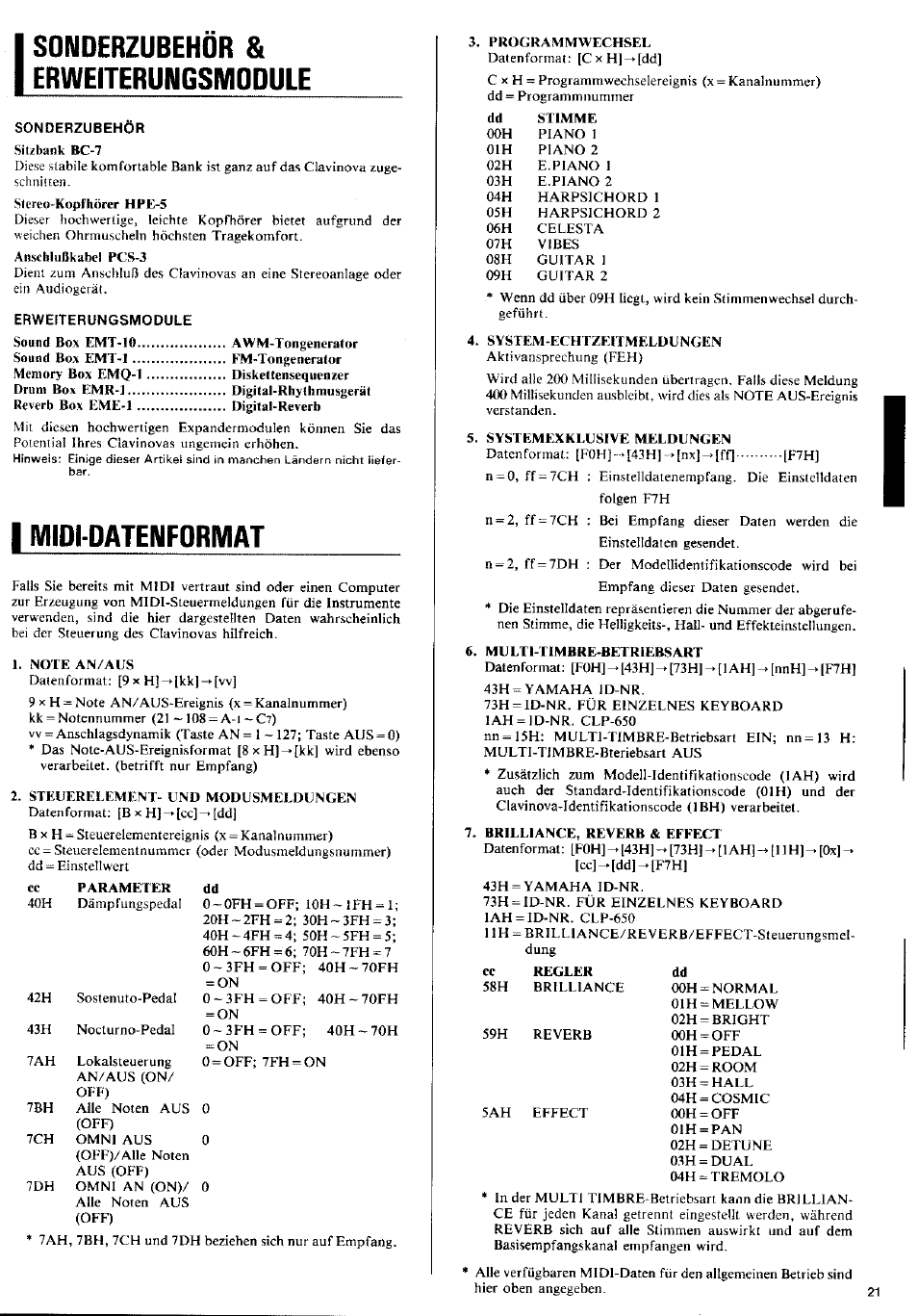 Sonderzubehör & erweiterungsmodule, I midi datenformat, Midi datenformat | Yamaha CLP-650 User Manual | Page 15 / 19