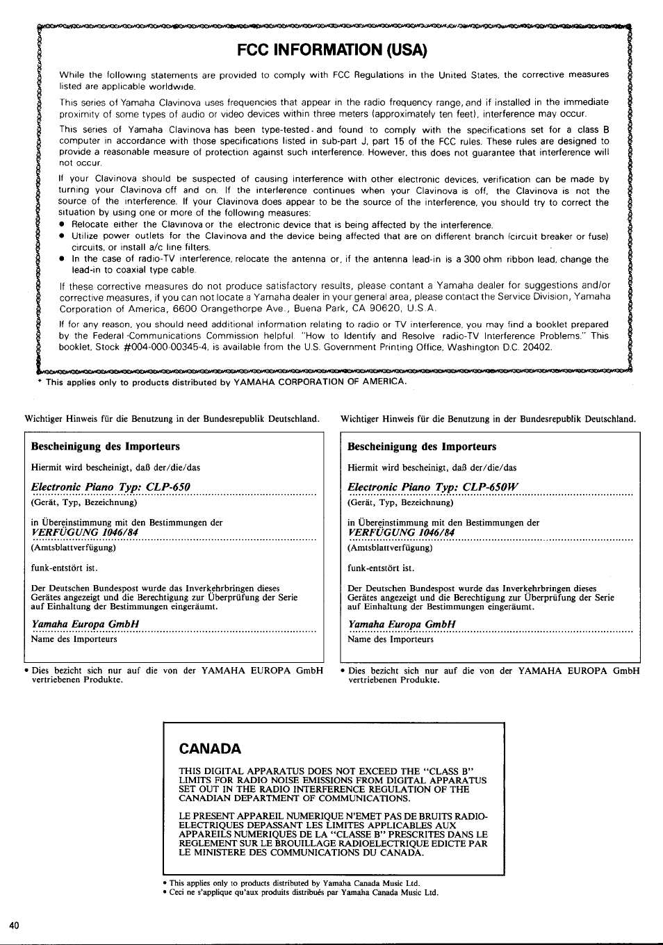 Canada, Fcc information (usa) | Yamaha CLP-650 User Manual | Page 18 / 19