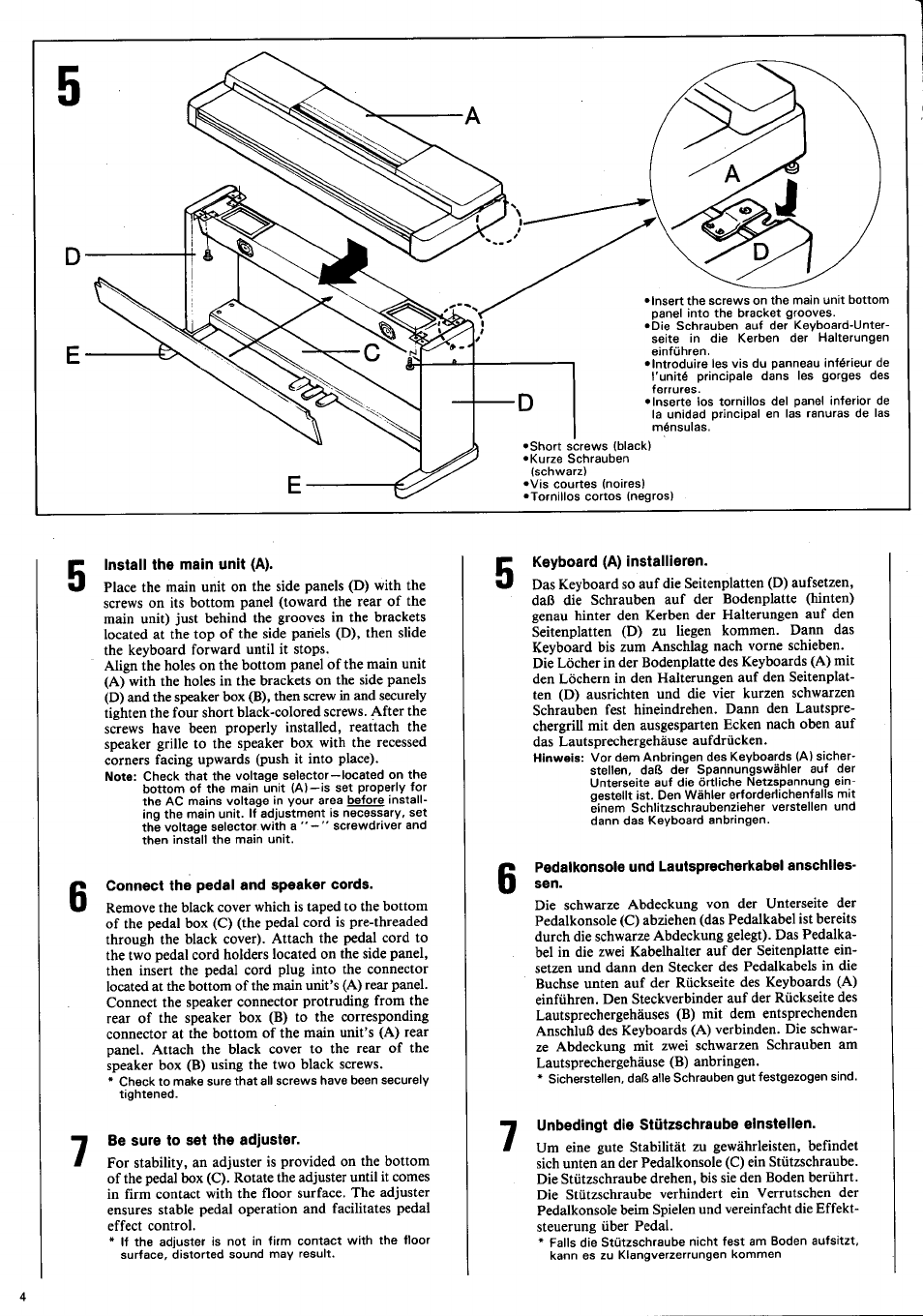 Install the main unit (a), Connect the pedal and speaker cords, Be sure to set the adjuster | Keyboard (a) installieren, Pedalkonsole und lautsprecherkabel anschlles- sen, Unbedingt die stützschraube einstellen | Yamaha CLP-650 User Manual | Page 6 / 19