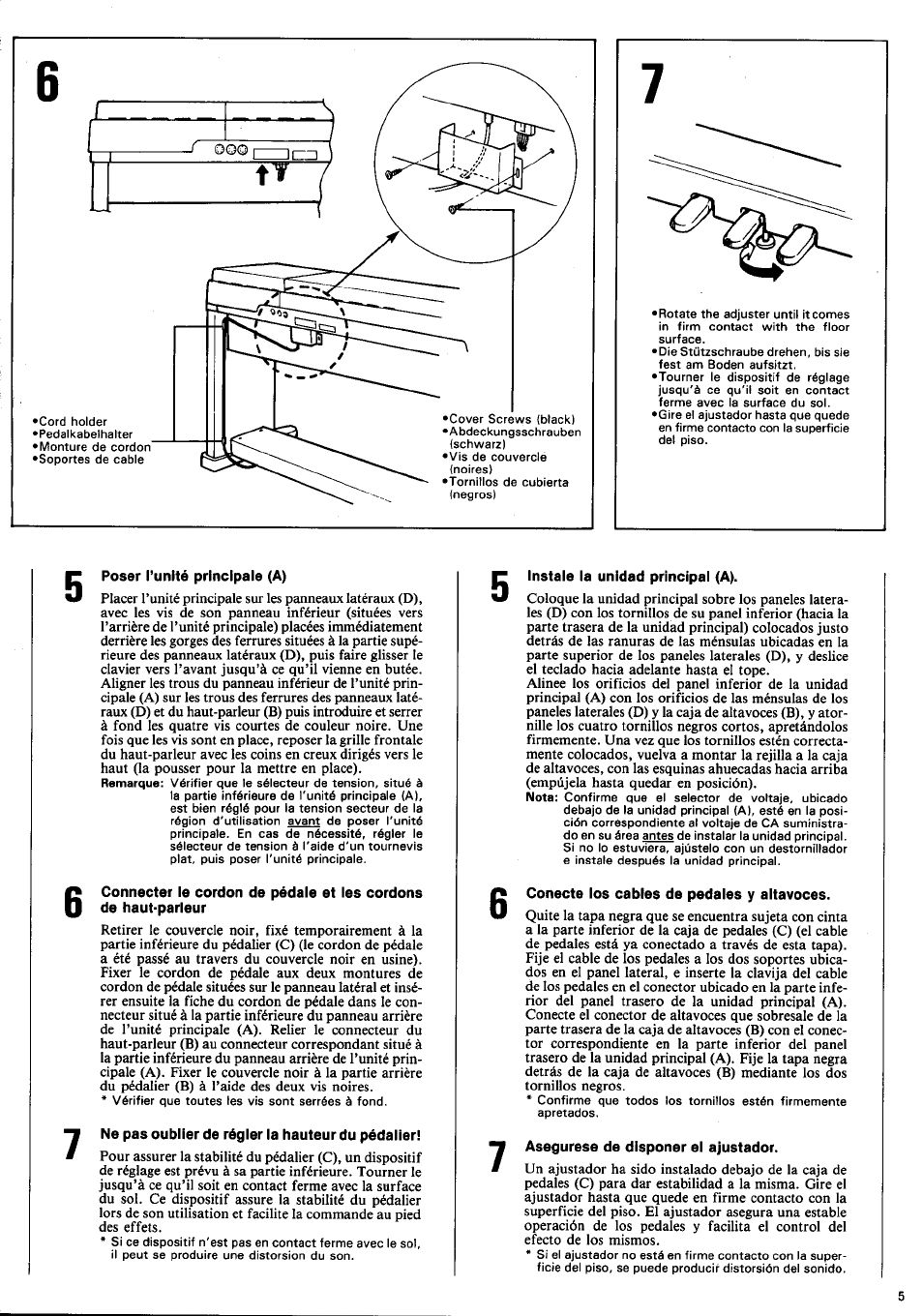 Poser tuntté principale (a), Ne pas oublier de régler la hauteur du pédalier, Instale la unidad principal (a) | Conecte los cables de pedales y altavoces, Asegúrese de disponer el ajustador | Yamaha CLP-650 User Manual | Page 7 / 19