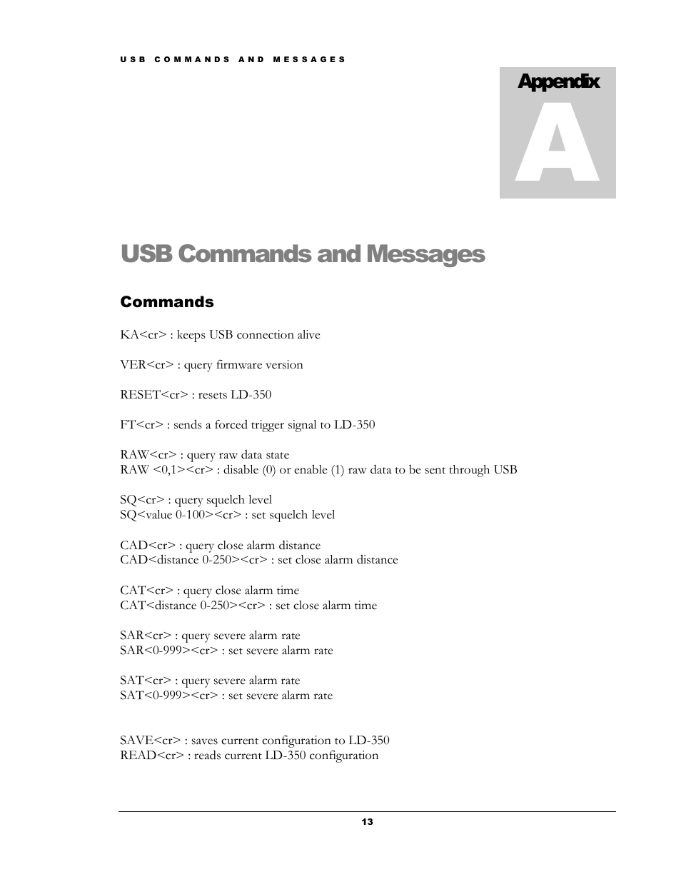 Usb commands and messages, Appendix | Boltek LD-350 User Manual | Page 18 / 23