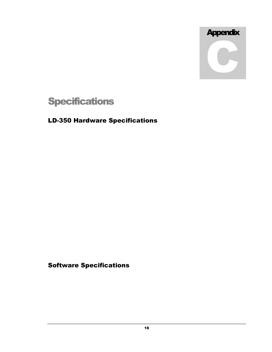 Specifications, Appendix, Ld-350 hardware specifications | Software specifications | Boltek LD-350 User Manual | Page 23 / 23