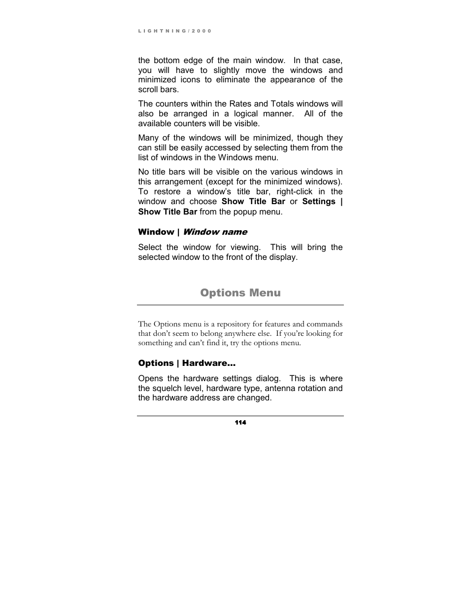 Options menu, Window name | Boltek Lightning/2000 User Manual | Page 114 / 333