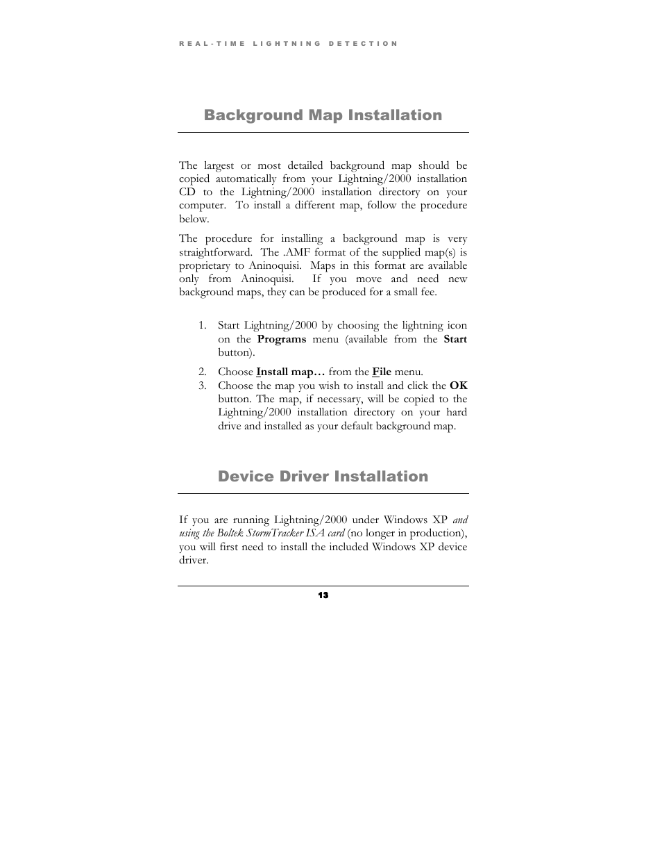 Background map installation, Device driver installation | Boltek Lightning/2000 User Manual | Page 13 / 333