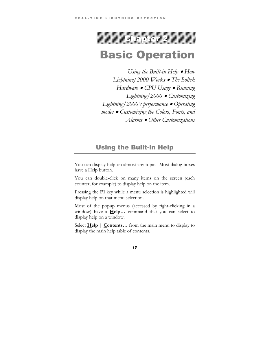 Basic operation, Chapter 2 | Boltek Lightning/2000 User Manual | Page 17 / 333