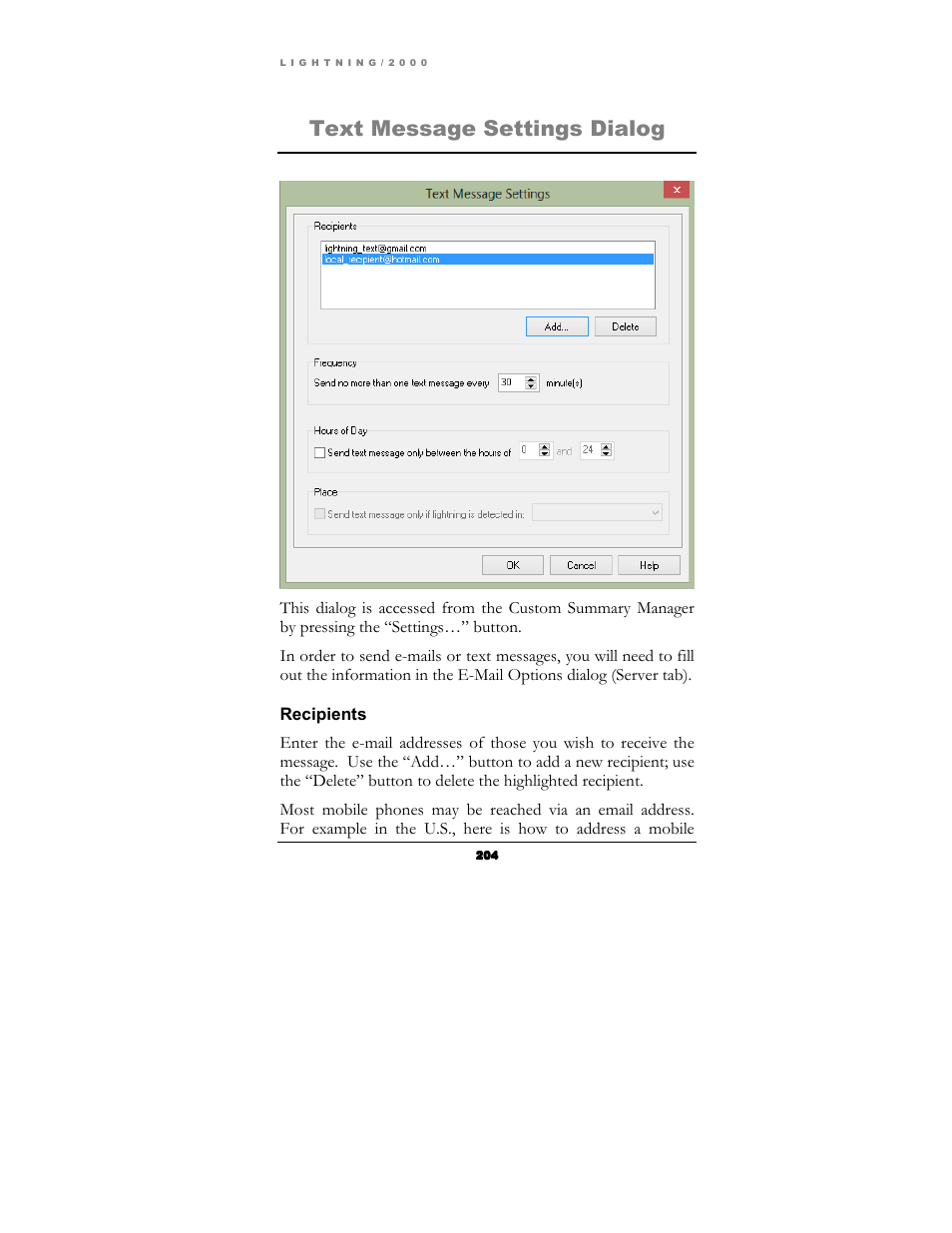 Text message settings dialog | Boltek Lightning/2000 User Manual | Page 204 / 333