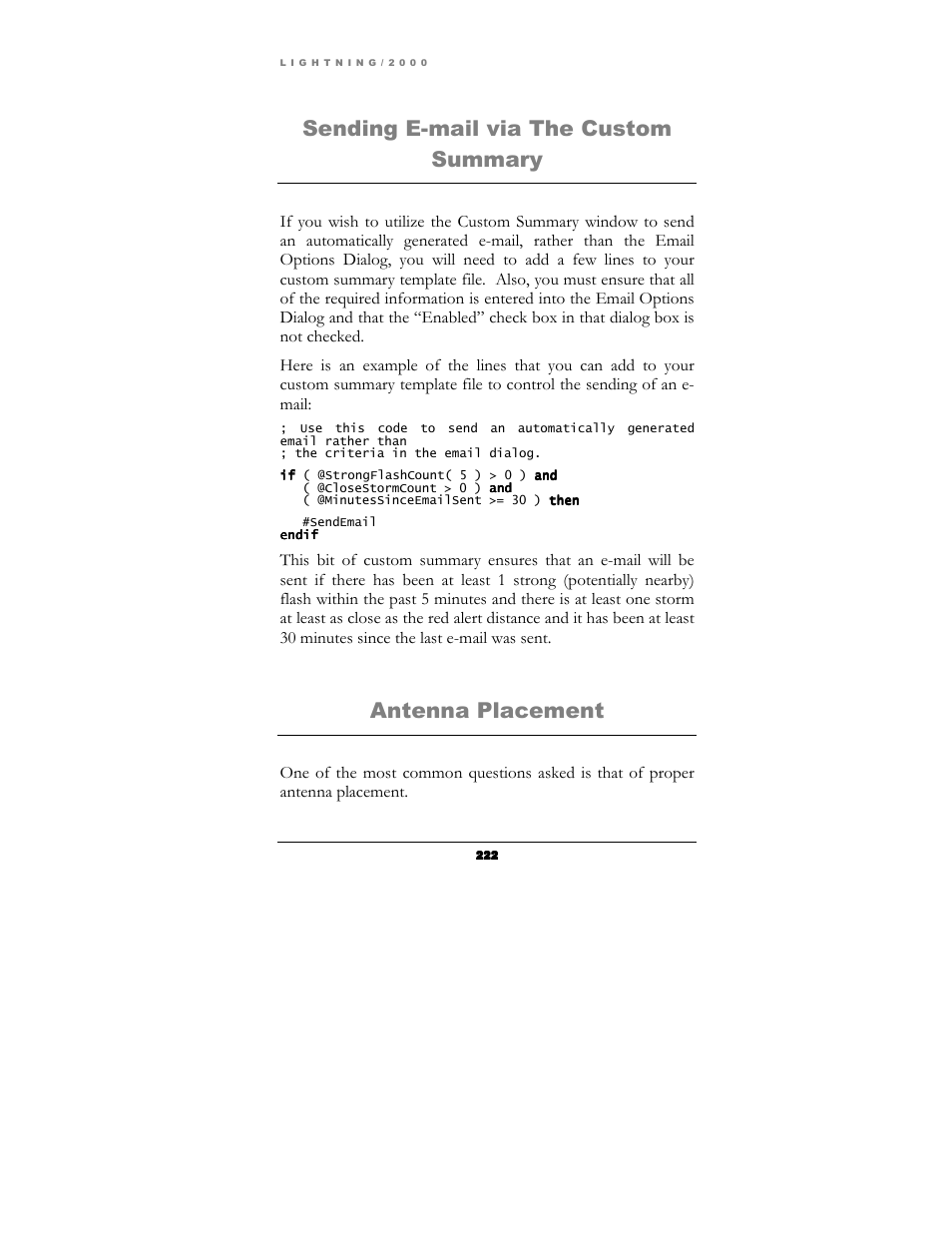 Sending e-mail via the custom summary, Antenna placement | Boltek Lightning/2000 User Manual | Page 222 / 333