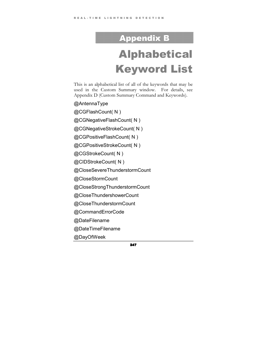 Alphabetical keyword list, Appendix b | Boltek Lightning/2000 User Manual | Page 247 / 333