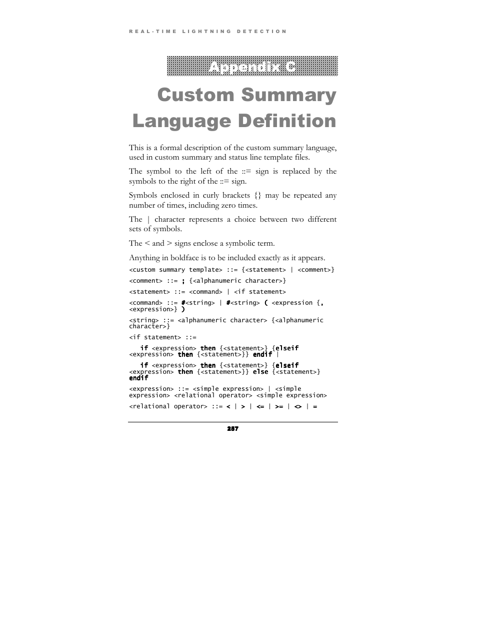 Custom summary language definition, Appendix c | Boltek Lightning/2000 User Manual | Page 257 / 333