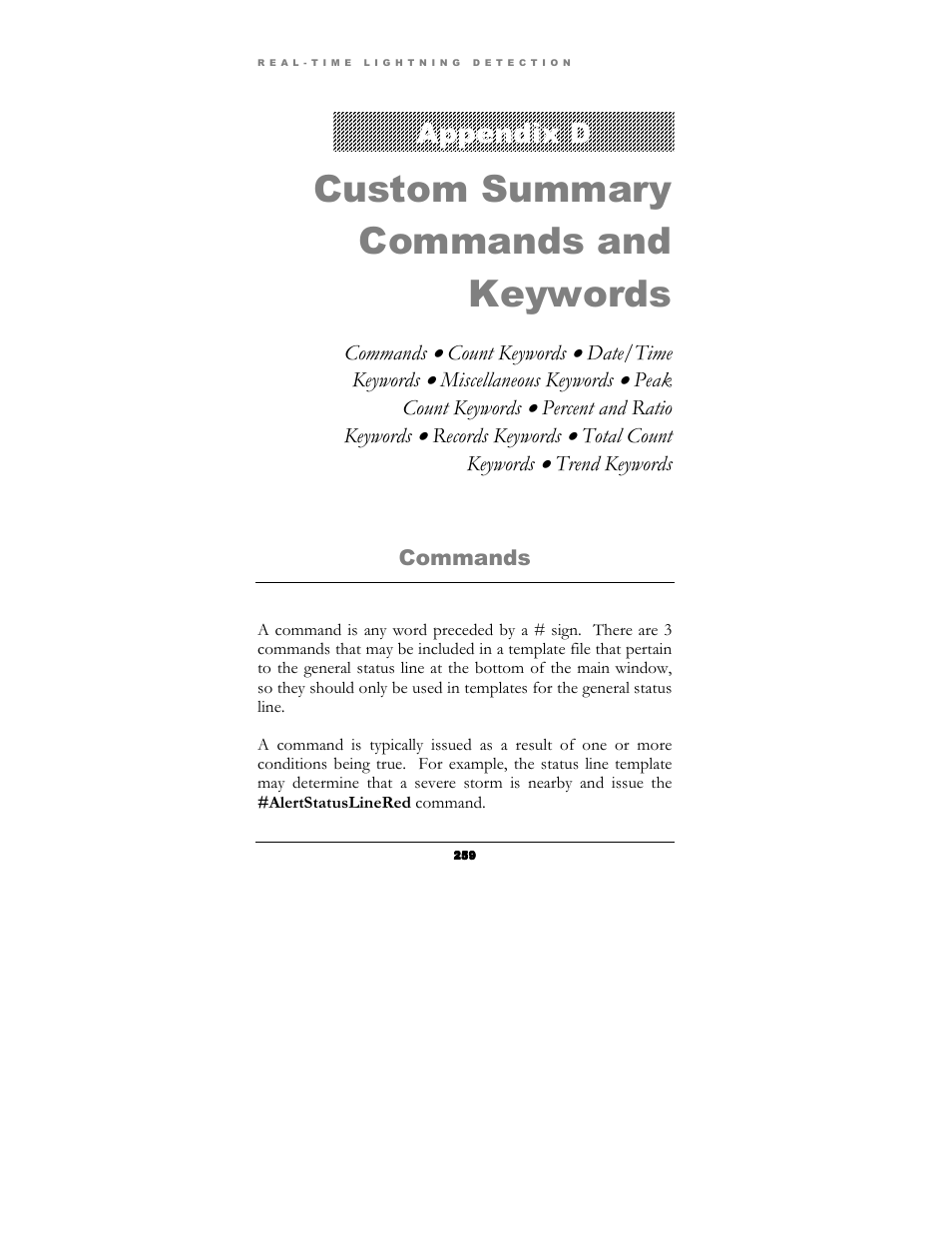 Custom summary commands and keywords, Appendix d | Boltek Lightning/2000 User Manual | Page 259 / 333